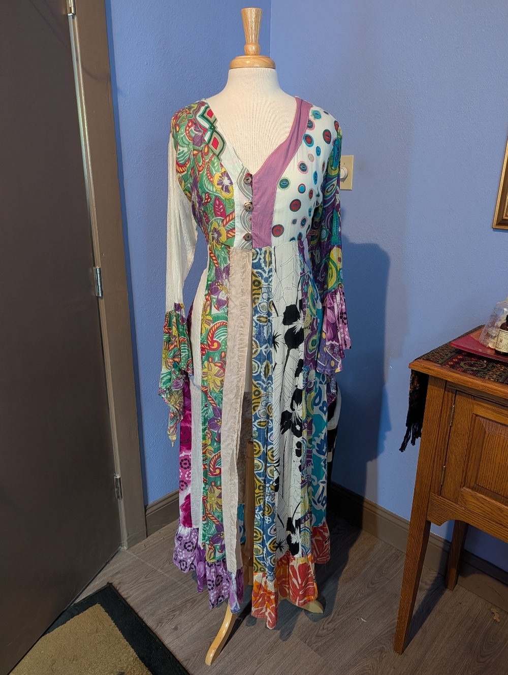 Jayli Boho Patchwork  Gypsy Jacket  Purple, Teal, White Bell Sleeves Festival